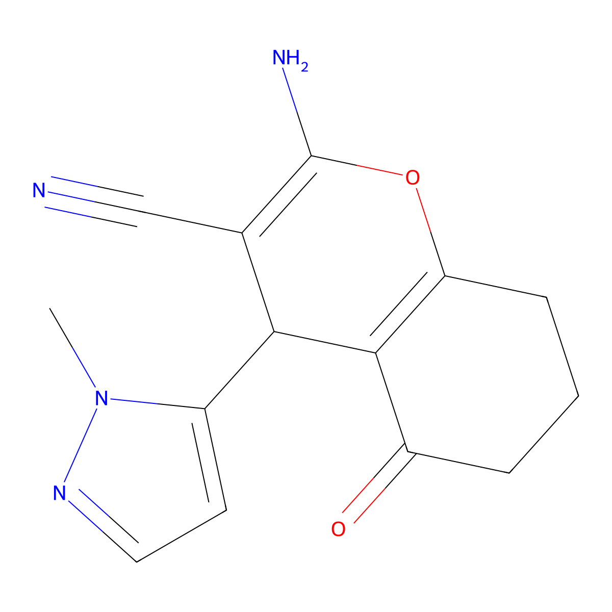 2-amino-4-(1-methyl-1H-pyrazol-5-yl)-5-oxo-5,6,7,8-tetrahydro-4H-chromene-3-carbonitrile molecular structure, CAS 1855899-32-9