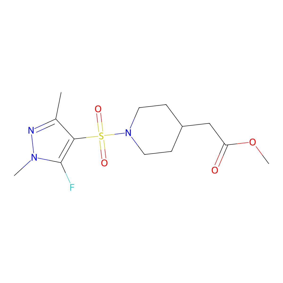 Methyl 2-{1-[(5-fluoro-1,3-dimethyl-1H-pyrazol-4-yl)sulfonyl]piperidin-4-yl}acetate molecular structure, CAS 1855899-46-5