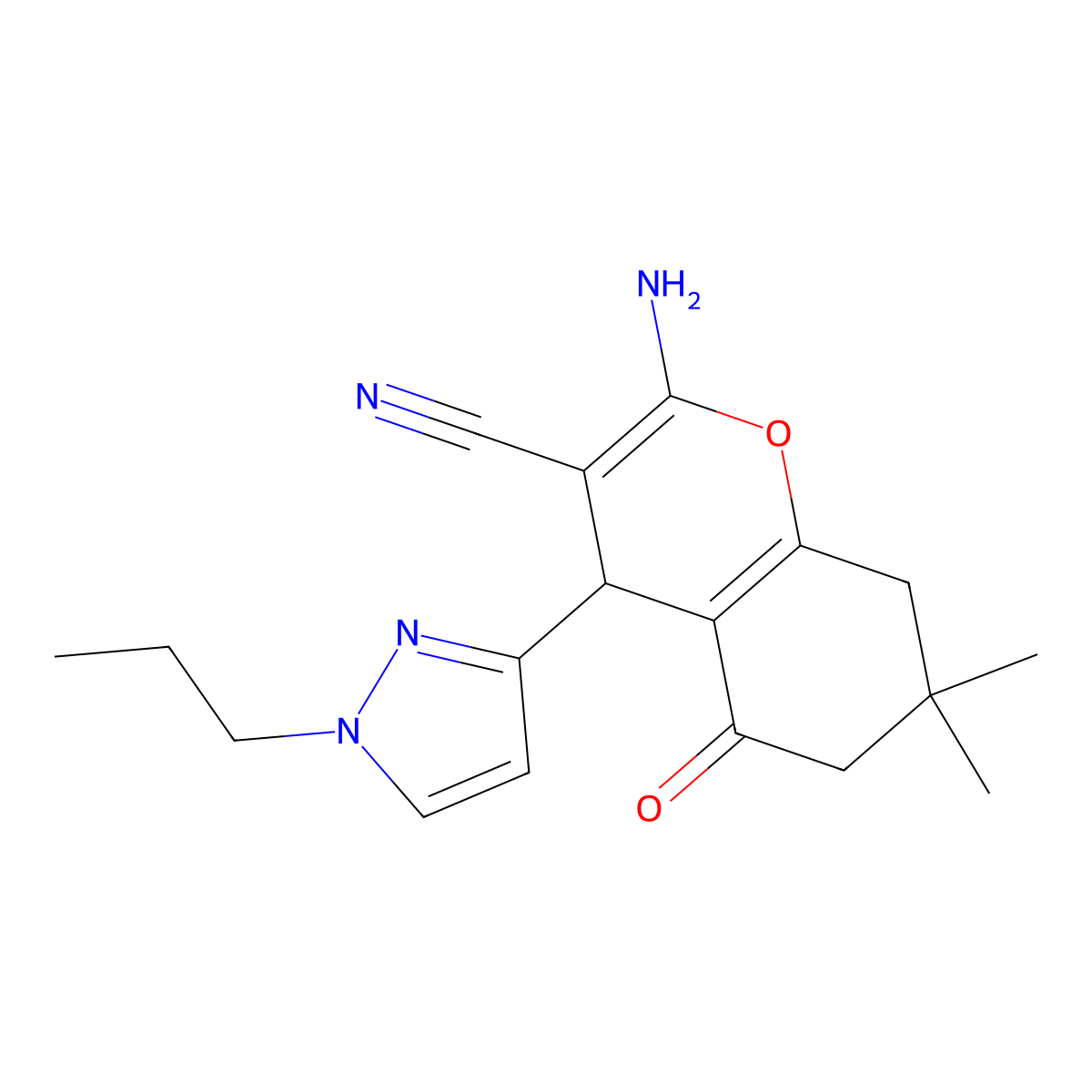 2-Amino-7,7-dimethyl-5-oxo-4-(1-propyl-1H-pyrazol-3-yl)-5,6,7,8-tetrahydro-4H-chromene-3-carbonitrile molecular structure, CAS 1855899-54-5