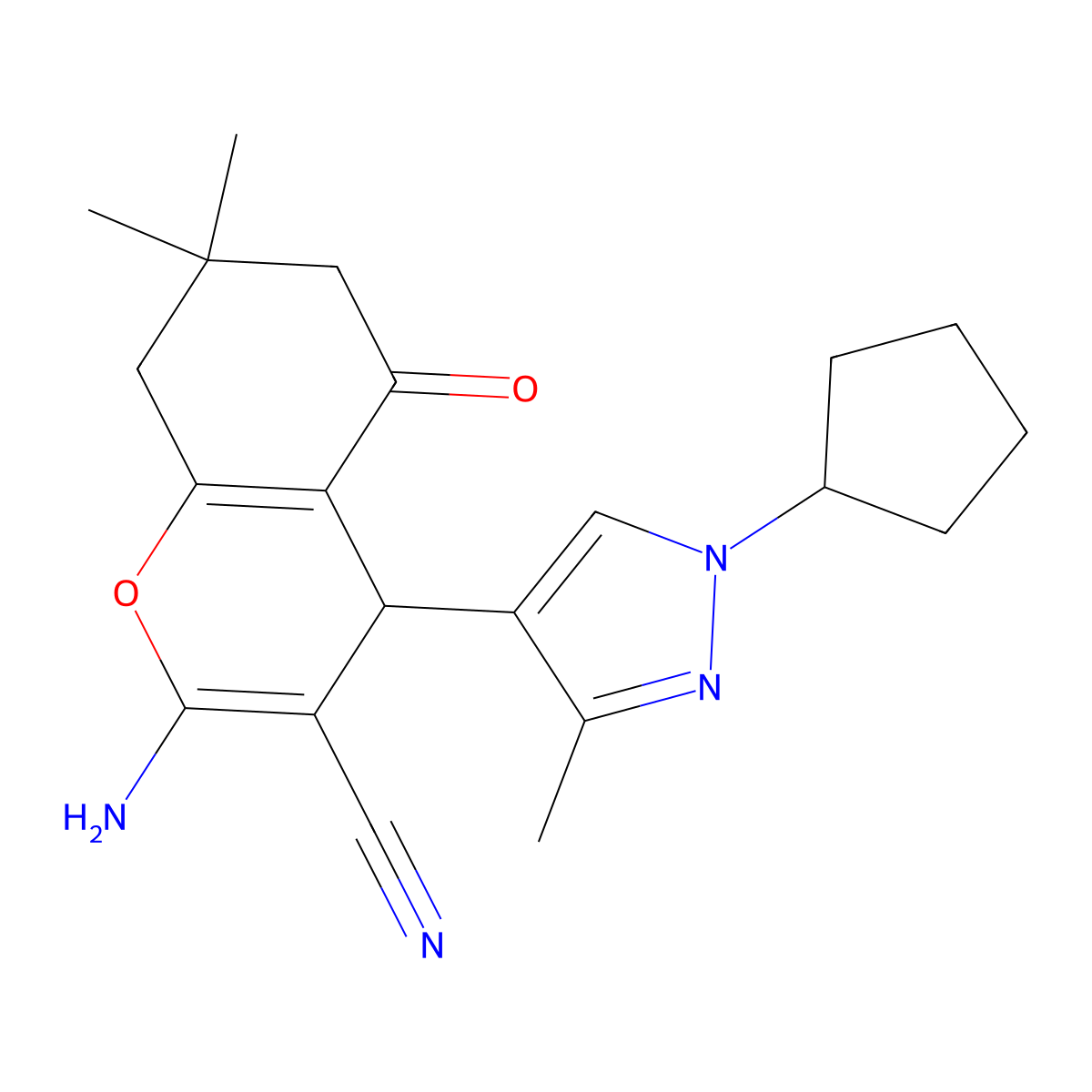 2-Amino-4-(1-cyclopentyl-3-methyl-1H-pyrazol-4-yl)-7,7-dimethyl-5-oxo-5,6,7,8-tetrahydro-4H-chromene-3-carbonitrile molecular structure, CAS 1855899-58-9