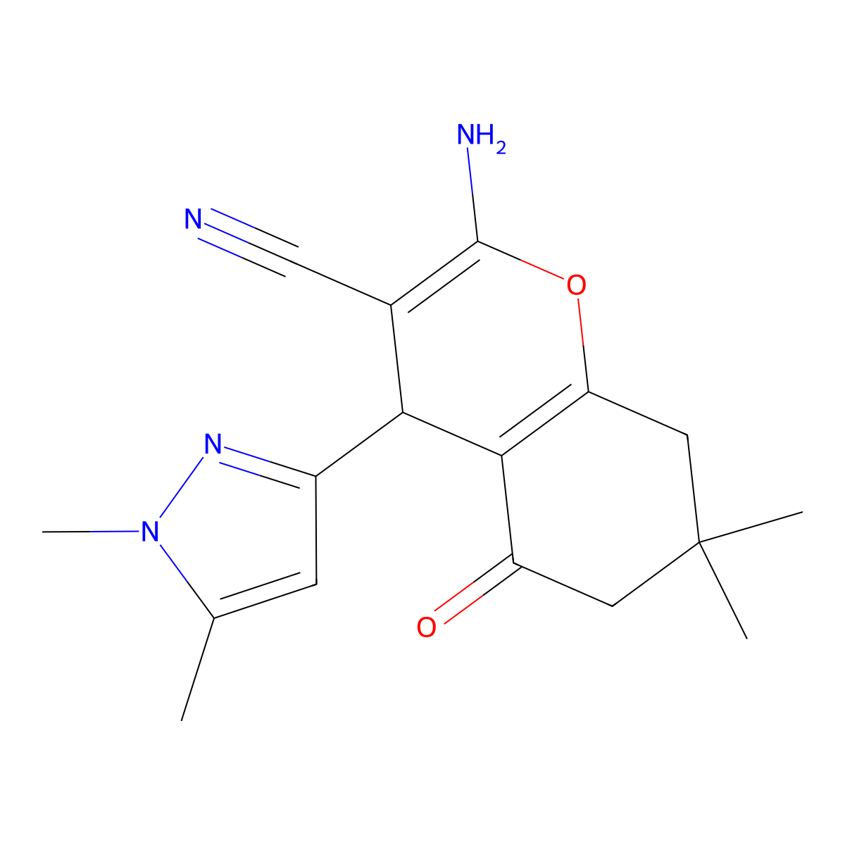 2-Amino-4-(1,5-dimethyl-1H-pyrazol-3-yl)-7,7-dimethyl-5-oxo-5,6,7,8-tetrahydro-4H-chromene-3-carbonitrile molecular structure, CAS 1855899-62-5
