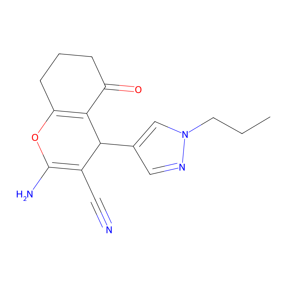 2-amino-5-oxo-4-(1-propyl-1H-pyrazol-4-yl)-5,6,7,8-tetrahydro-4H-chromene-3-carbonitrile molecular structure, CAS 1855899-64-7