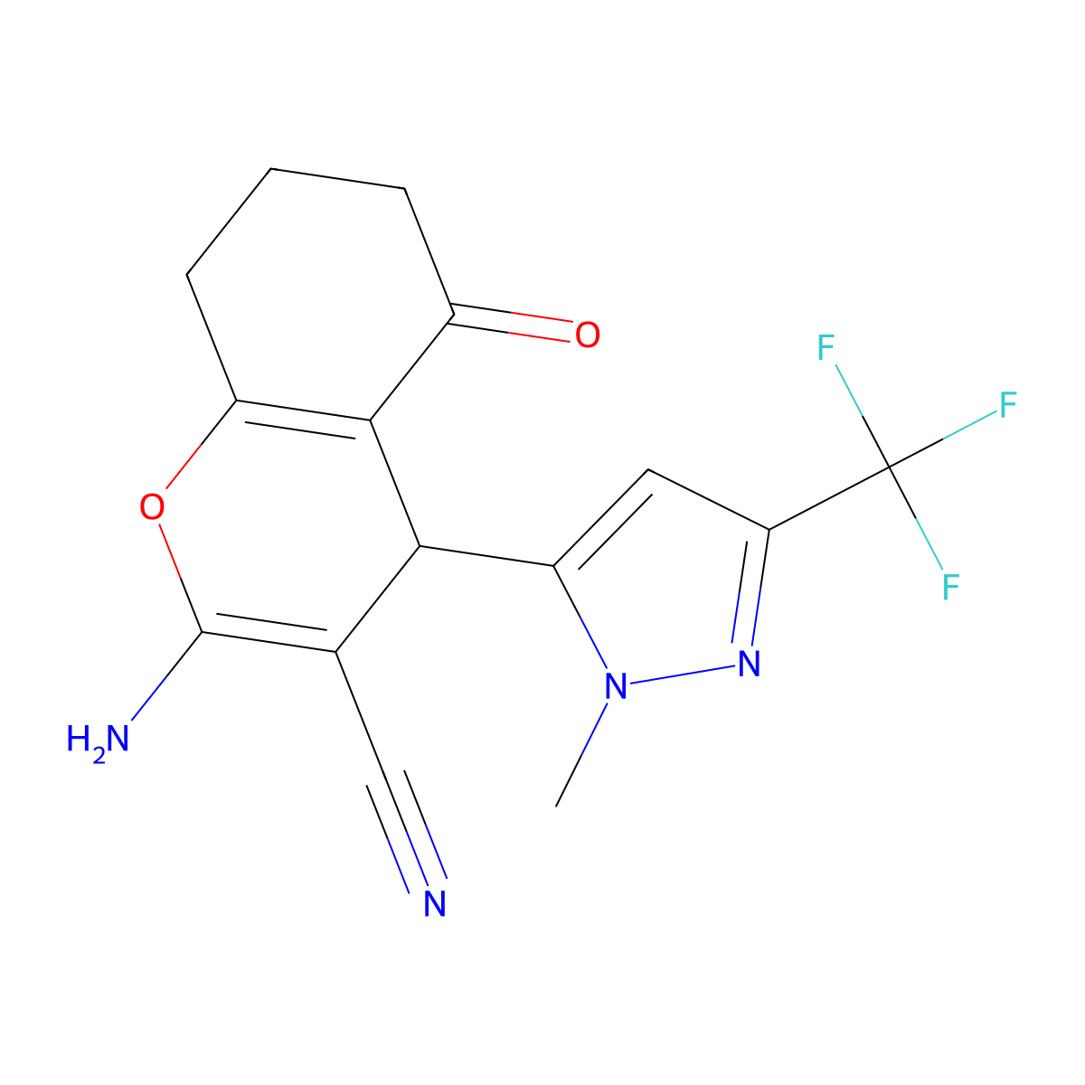 2-Amino-4-(1-methyl-3-(trifluoromethyl)-1H-pyrazol-5-yl)-5-oxo-5,6,7,8-tetrahydro-4H-chromene-3-carbonitrile molecular structure, CAS 1855899-65-8