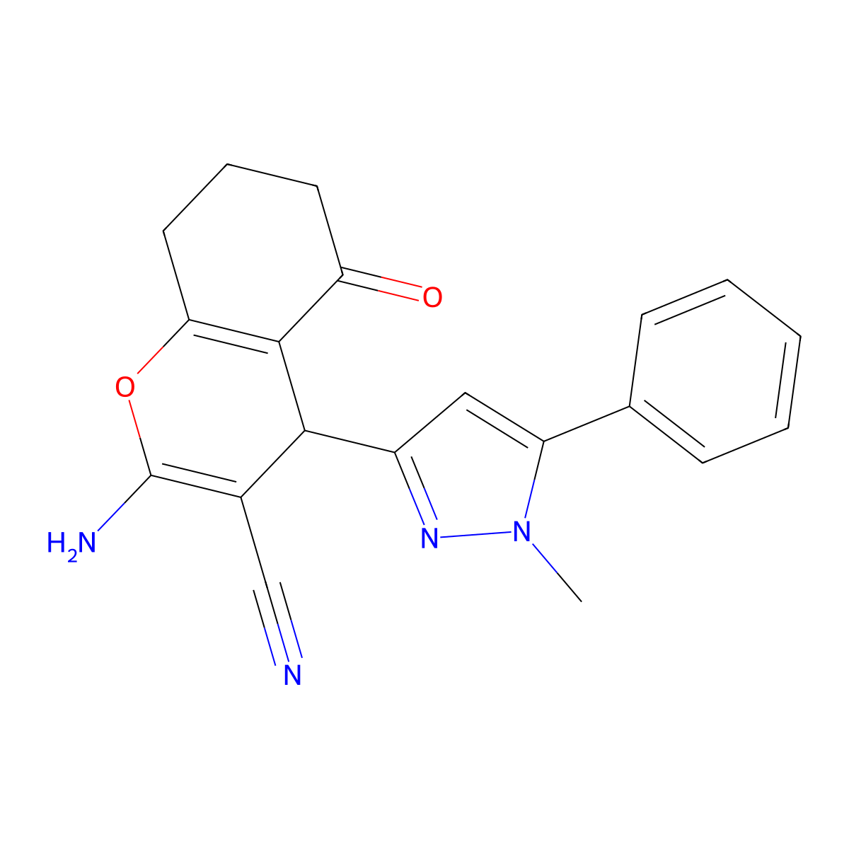 2-Amino-4-(1-methyl-5-phenyl-1H-pyrazol-3-YL)-5-oxo-5,6,7,8-tetrahydro-4H-chromen-3-YL cyanide molecular structure, CAS 1855899-78-3