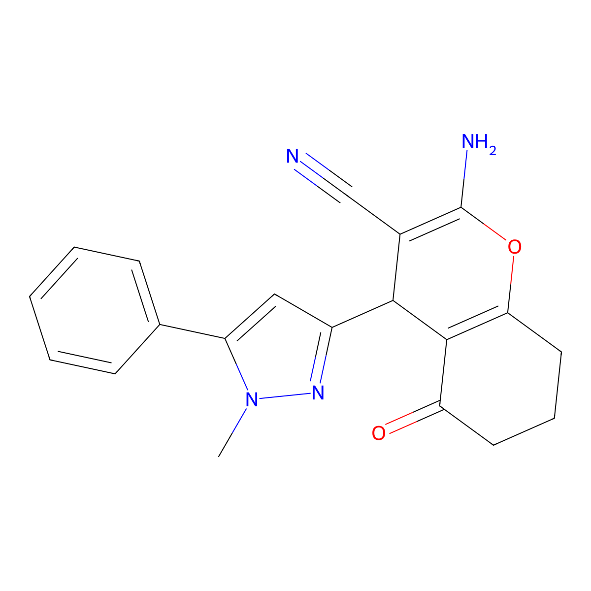 2-Amino-4-(1-methyl-5-phenyl-1H-pyrazol-3-YL)-5-oxo-5,6,7,8-tetrahydro-4H-chromen-3-YL cyanide molecular structure, CAS 1855899-78-3