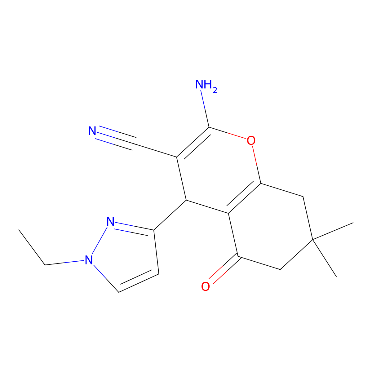 2-Amino-4-(1-ethyl-1H-pyrazol-3-yl)-7,7-dimethyl-5-oxo-5,6,7,8-tetrahydro-4H-chromene-3-carbonitrile molecular structure, CAS 1855899-80-7