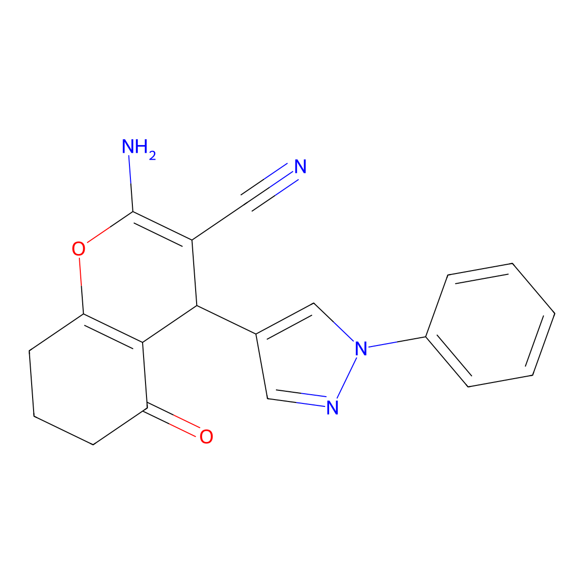 2-Amino-5-oxo-4-(1-phenyl-1H-pyrazol-4-YL)-5,6,7,8-tetrahydro-4H-chromen-3-YL cyanide molecular structure, CAS 1855899-81-8