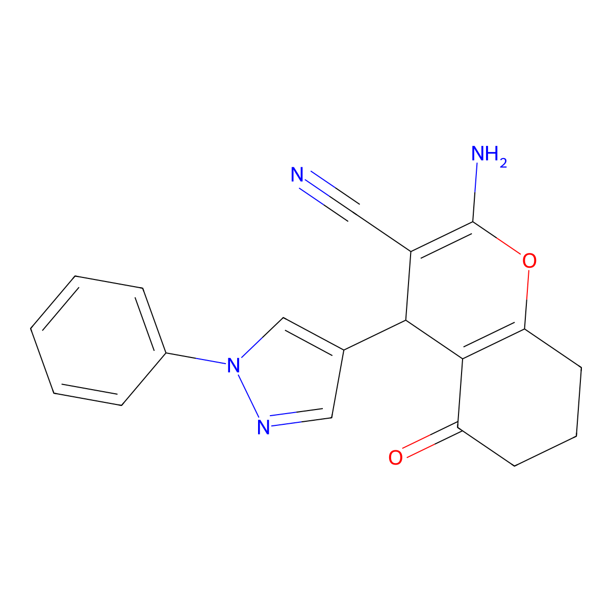 2-Amino-5-oxo-4-(1-phenyl-1H-pyrazol-4-YL)-5,6,7,8-tetrahydro-4H-chromen-3-YL cyanide molecular structure, CAS 1855899-81-8