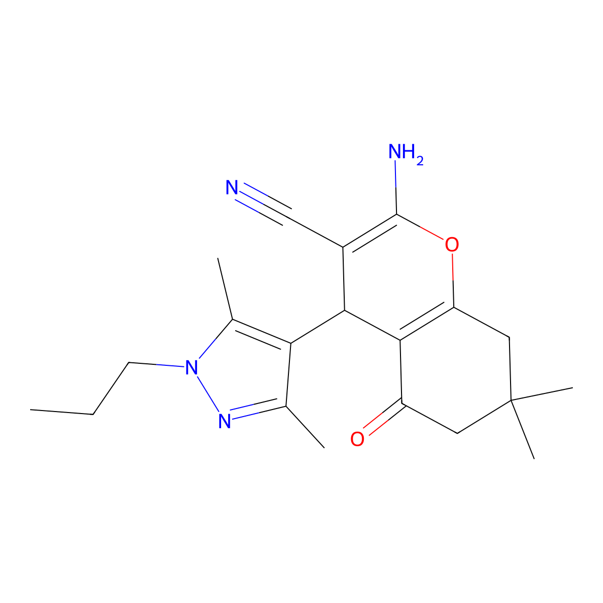 2-Amino-4-(3,5-dimethyl-1-propyl-1H-pyrazol-4-yl)-7,7-dimethyl-5-oxo-5,6,7,8-tetrahydro-4H-chromene-3-carbonitrile molecular structure, CAS 1855899-82-9
