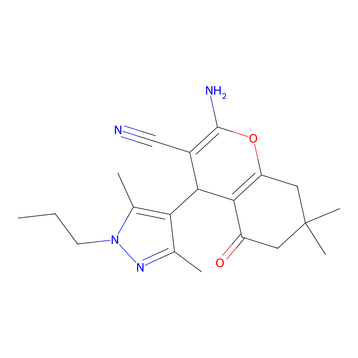 2-Amino-4-(3,5-dimethyl-1-propyl-1H-pyrazol-4-yl)-7,7-dimethyl-5-oxo-5,6,7,8-tetrahydro-4H-chromene-3-carbonitrile molecular structure, CAS 1855899-82-9