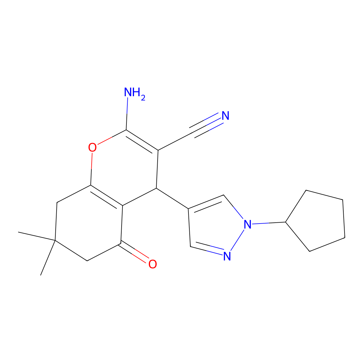 2-Amino-4-(1-cyclopentyl-1H-pyrazol-4-YL)-7,7-dimethyl-5-oxo-5,6,7,8-tetrahydro-4H-chromen-3-YL cyanide molecular structure, CAS 1855899-84-1