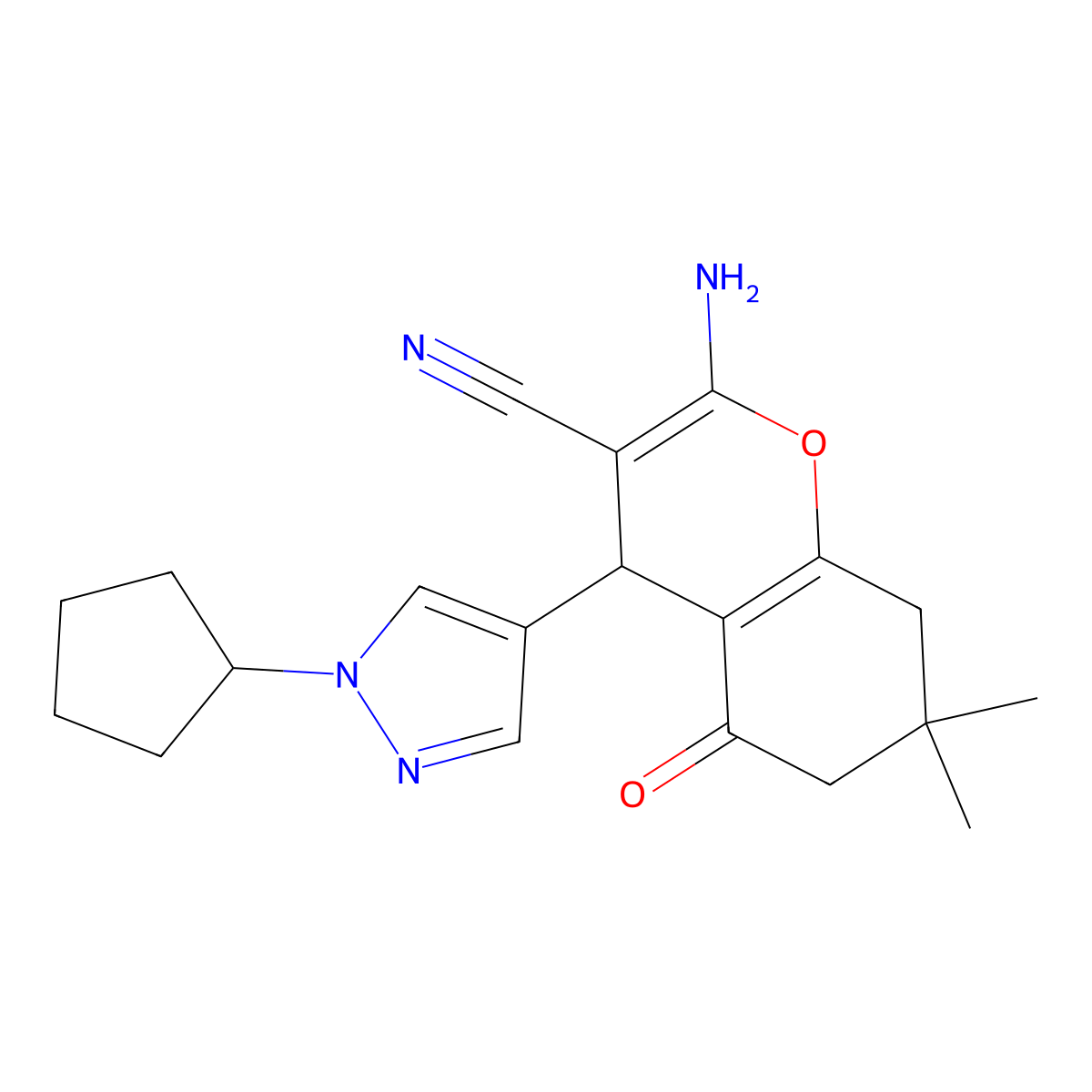 2-Amino-4-(1-cyclopentyl-1H-pyrazol-4-YL)-7,7-dimethyl-5-oxo-5,6,7,8-tetrahydro-4H-chromen-3-YL cyanide molecular structure, CAS 1855899-84-1