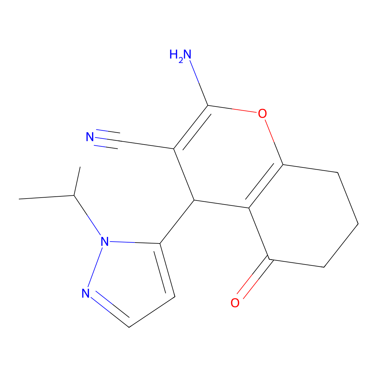 2-amino-5-oxo-4-[1-(propan-2-yl)-1H-pyrazol-5-yl]-5,6,7,8-tetrahydro-4H-chromene-3-carbonitrile molecular structure, CAS 1855899-86-3