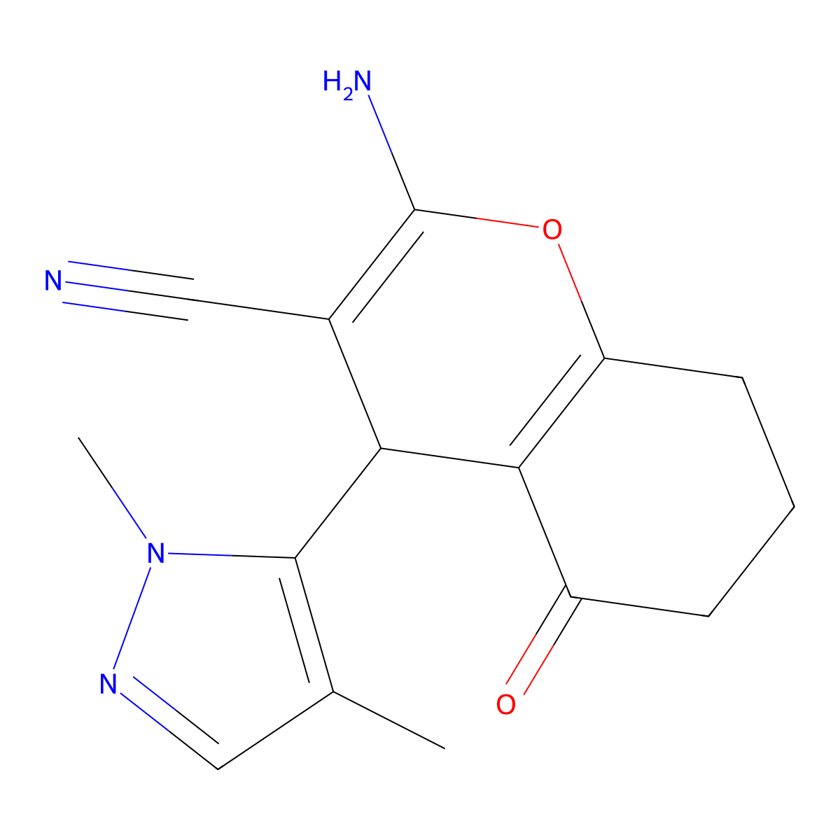 2-amino-4-(1,4-dimethyl-1H-pyrazol-5-yl)-5-oxo-5,6,7,8-tetrahydro-4H-chromene-3-carbonitrile molecular structure, CAS 1855899-88-5