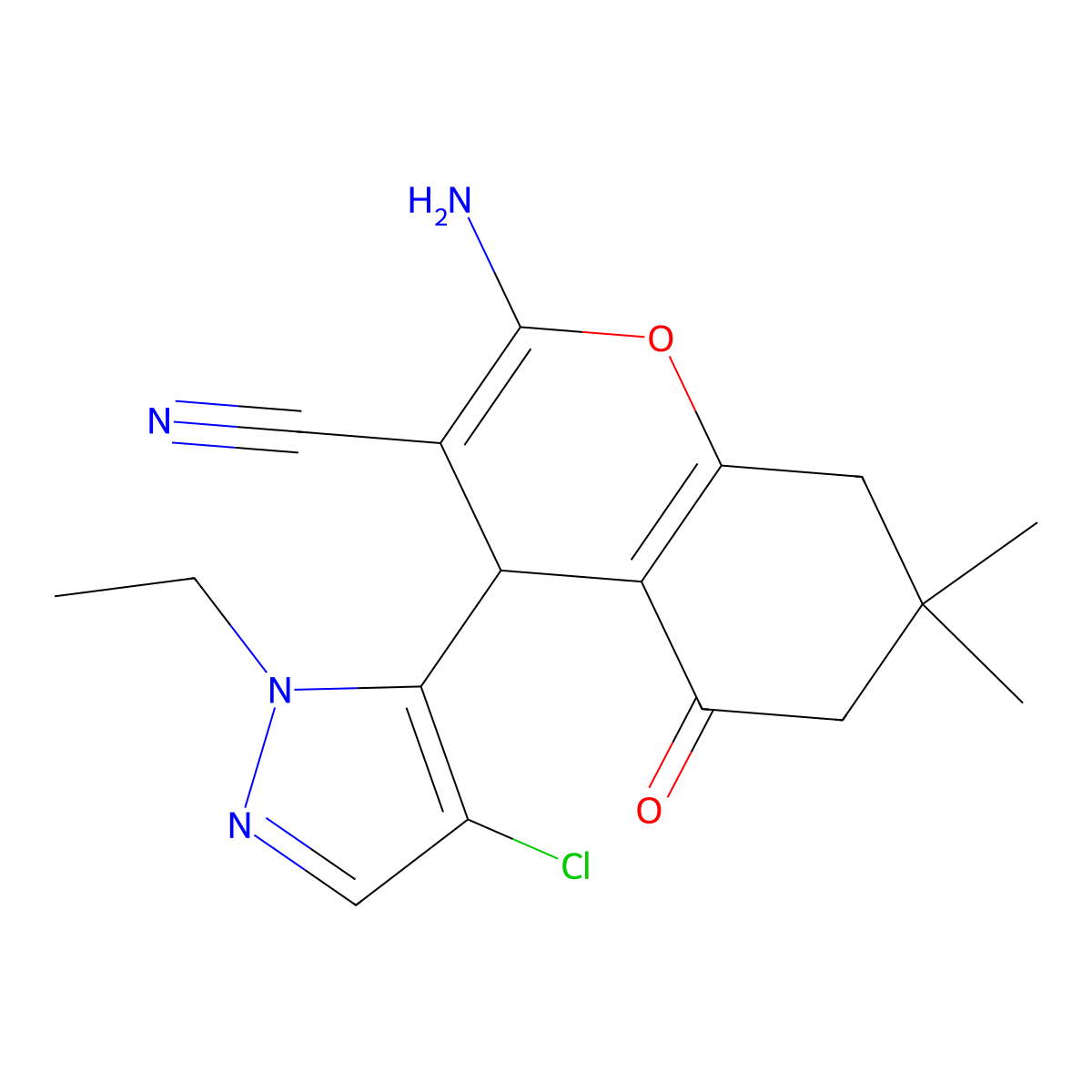 2-Amino-4-(4-chloro-1-ethyl-1H-pyrazol-5-YL)-7,7-dimethyl-5-oxo-5,6,7,8-tetrahydro-4H-chromen-3-YL cyanide molecular structure, CAS 1855899-89-6