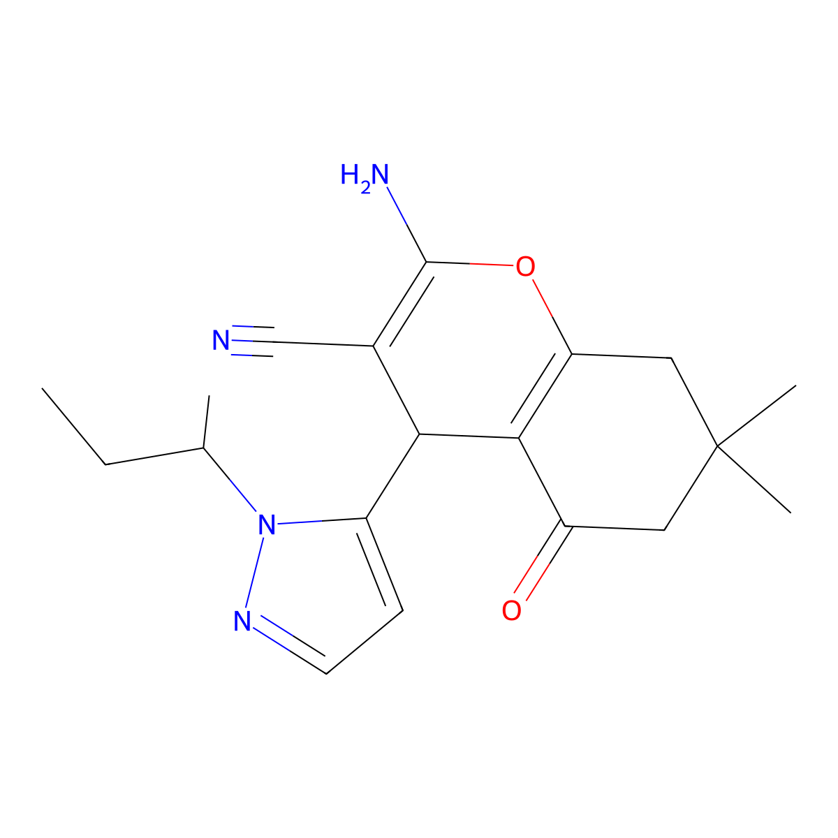 2-Amino-4-(1-(sec-butyl)-1H-pyrazol-5-yl)-7,7-dimethyl-5-oxo-5,6,7,8-tetrahydro-4H-chromene-3-carbonitrile molecular structure, CAS 1855899-90-9