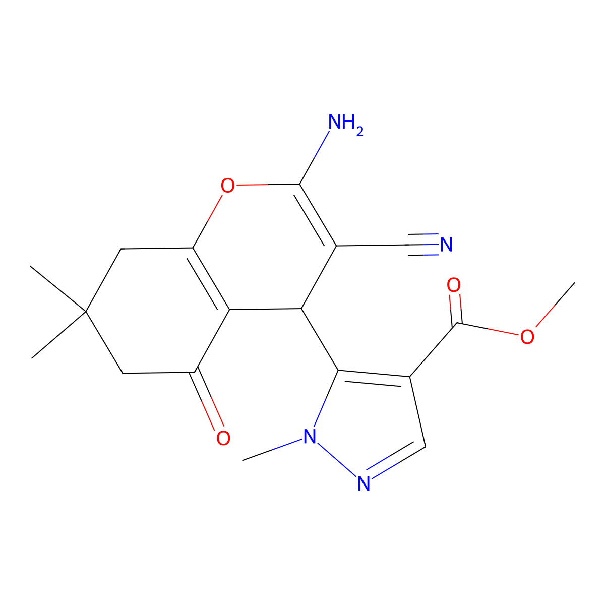 Methyl 5-(2-amino-3-cyano-7,7-dimethyl-5-oxo-5,6,7,8-tetrahydro-4H-chromen-4-YL)-1-methyl-1H-pyrazole-4-carboxylate molecular structure, CAS 1855899-91-0
