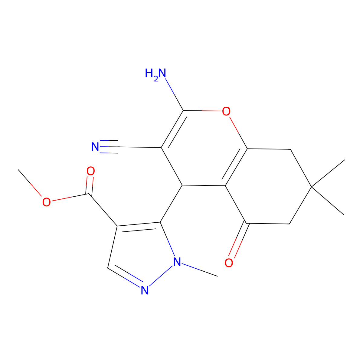 Methyl 5-(2-amino-3-cyano-7,7-dimethyl-5-oxo-5,6,7,8-tetrahydro-4H-chromen-4-YL)-1-methyl-1H-pyrazole-4-carboxylate molecular structure, CAS 1855899-91-0