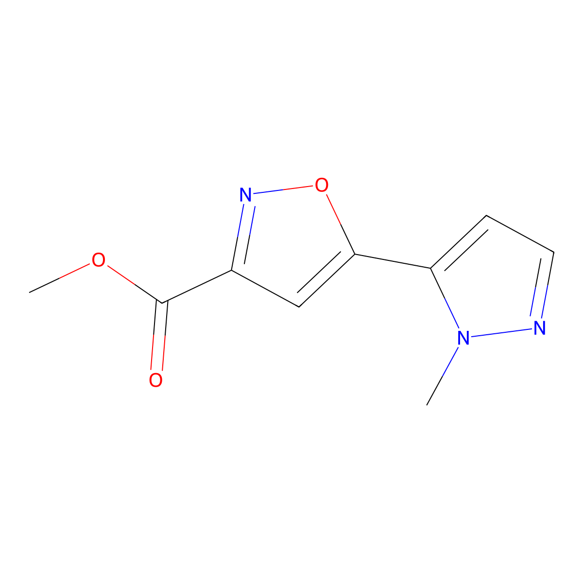 methyl 5-(1-methyl-1H-pyrazol-5-yl)isoxazole-3-carboxylate molecular structure, CAS 1855899-94-3