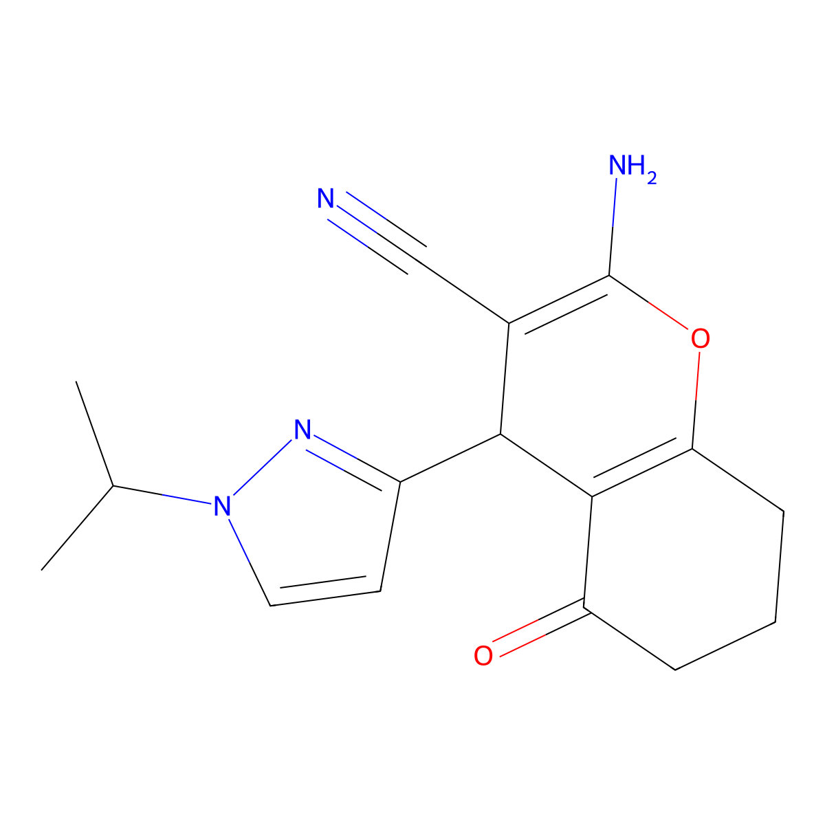 2-Amino-5-oxo-4-(1-propan-2-ylpyrazol-3-yl)-4,6,7,8-tetrahydrochromene-3-carbonitrile molecular structure, CAS 1855899-95-4