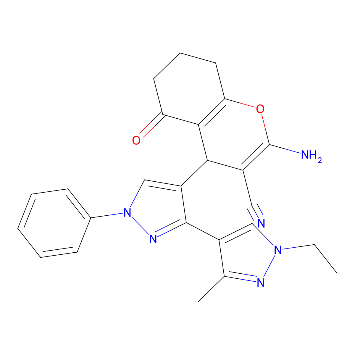 2-Amino-4-(1'-ethyl-3'-methyl-1-phenyl-1H,1'H-3,4'-bipyrazol-4-YL)-5-oxo-5,6,7,8-tetrahydro-4H-chromene-3-carbonitrile molecular structure, CAS 1855899-97-6