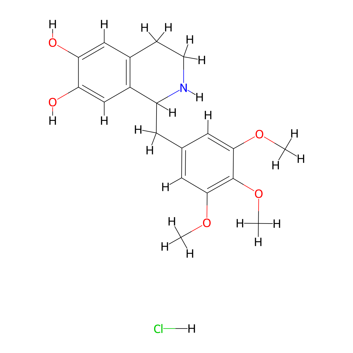 6,7-Isoquinolinediol, 1,2,3,4-tetrahydro-1-((3,4,5-trimethoxyphenyl)methyl)-, hydrochloride (1:1) molecular structure, CAS 18559-63-2