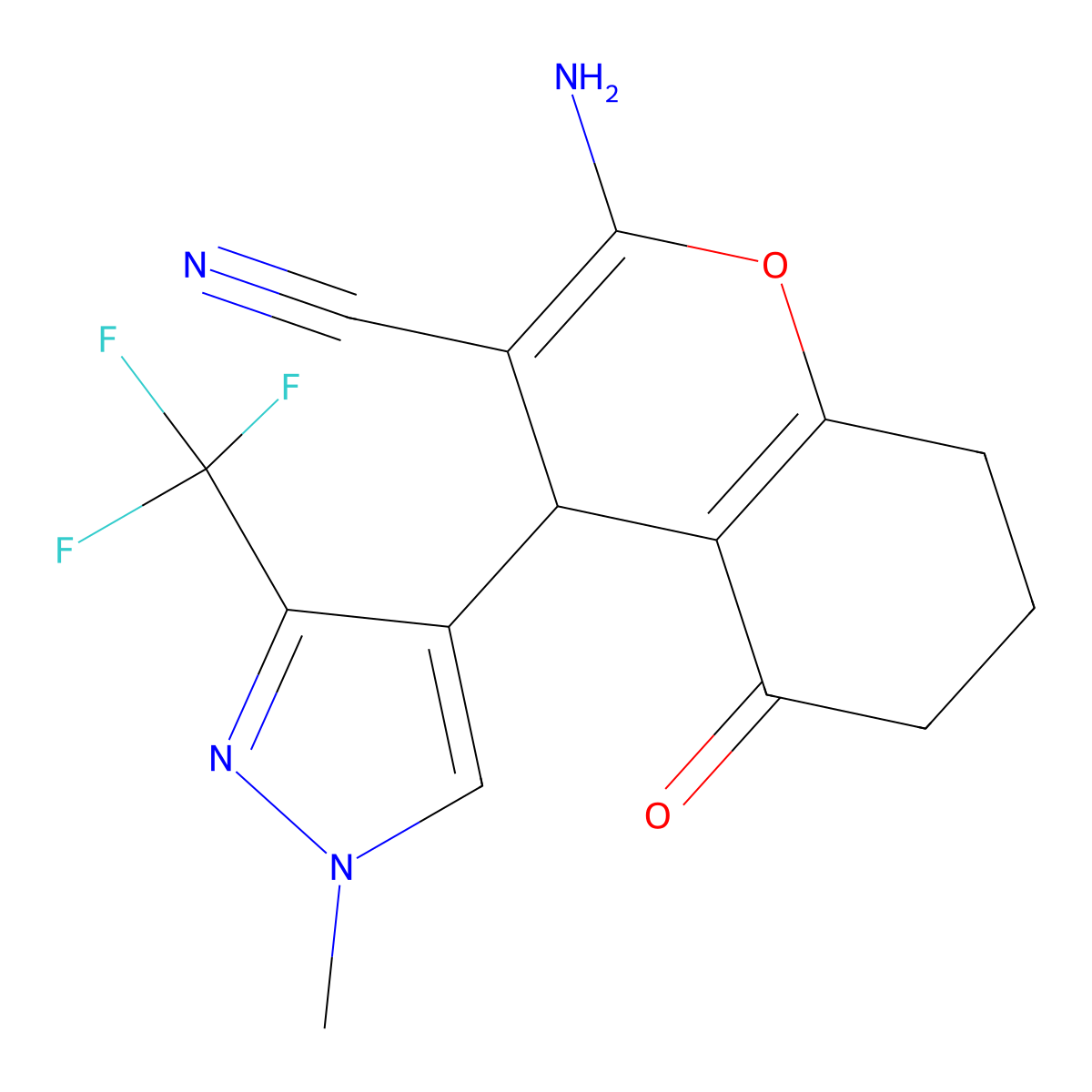 2-Amino-4-(1-methyl-3-(trifluoromethyl)-1H-pyrazol-4-yl)-5-oxo-5,6,7,8-tetrahydro-4H-chromene-3-carbonitrile molecular structure, CAS 1855900-00-3