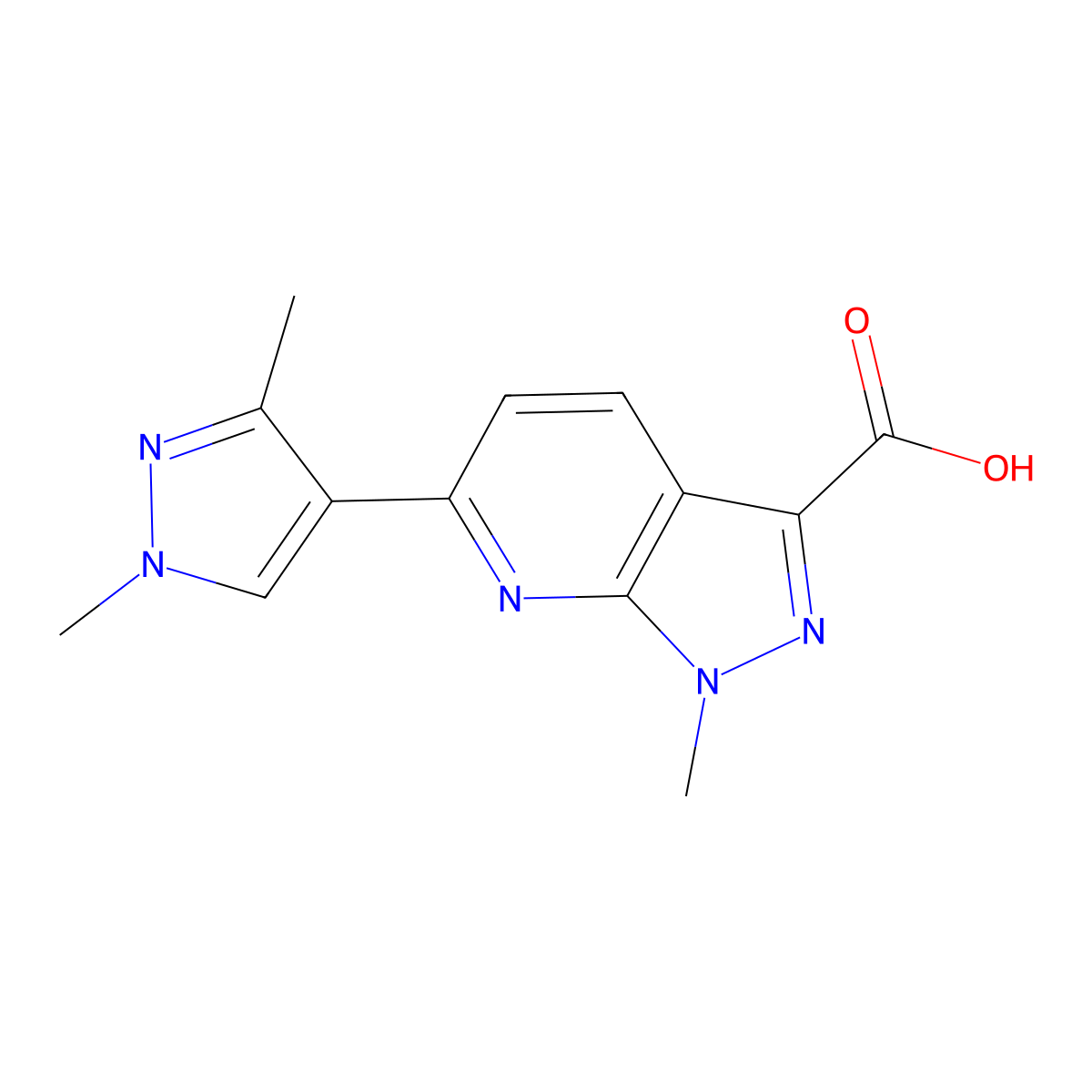 6-(1,3-dimethyl-1H-pyrazol-4-yl)-1-methyl-1H-pyrazolo[3,4-b]pyridine-3-carboxylic acid molecular structure, CAS 1855900-03-6