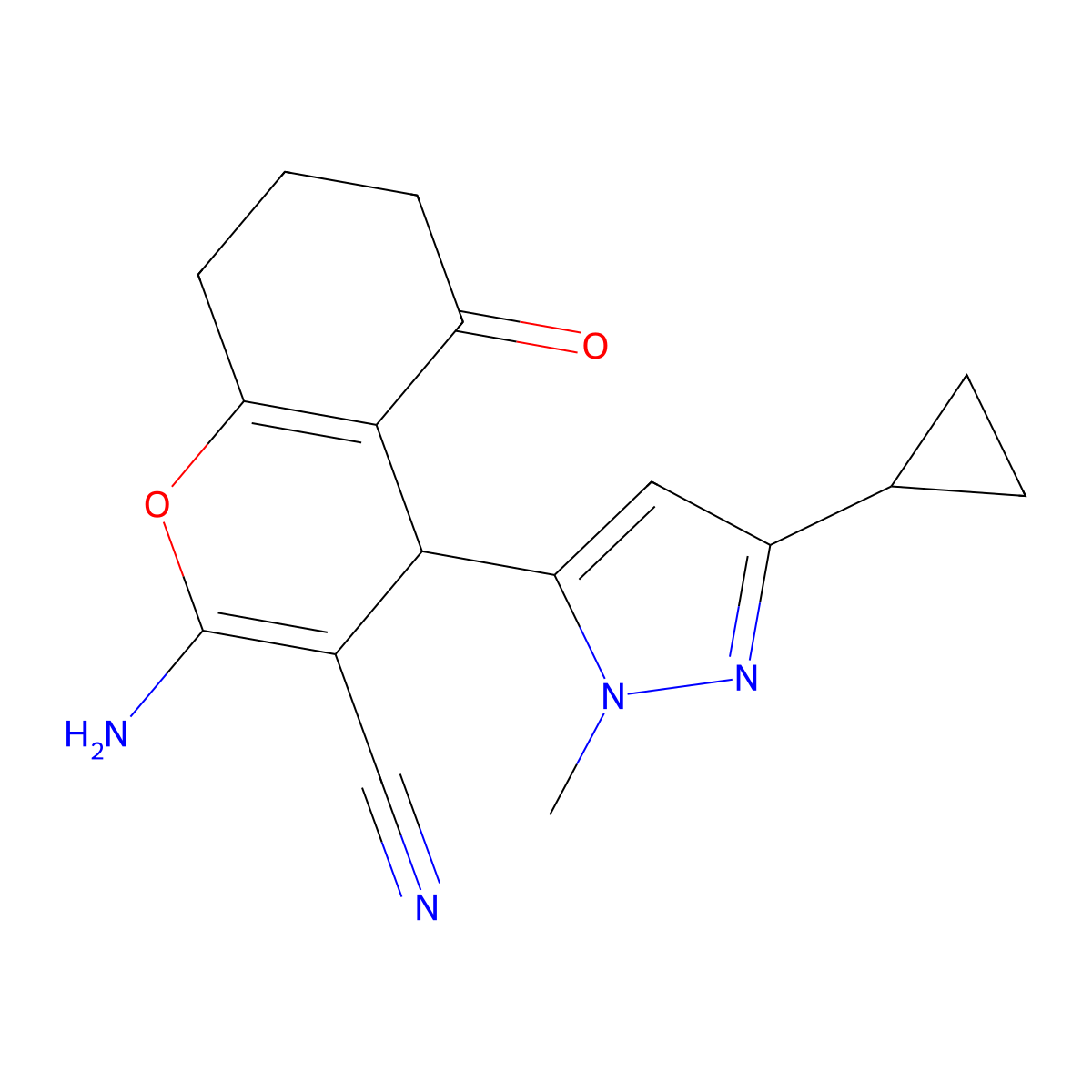 2-Amino-4-(3-cyclopropyl-1-methyl-1H-pyrazol-5-YL)-5-oxo-5,6,7,8-tetrahydro-4H-chromen-3-YL cyanide molecular structure, CAS 1855900-06-9