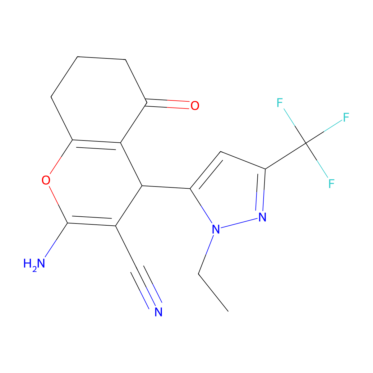 2-Amino-4-(1-ethyl-3-(trifluoromethyl)-1H-pyrazol-5-yl)-5-oxo-5,6,7,8-tetrahydro-4H-chromene-3-carbonitrile molecular structure, CAS 1855900-08-1
