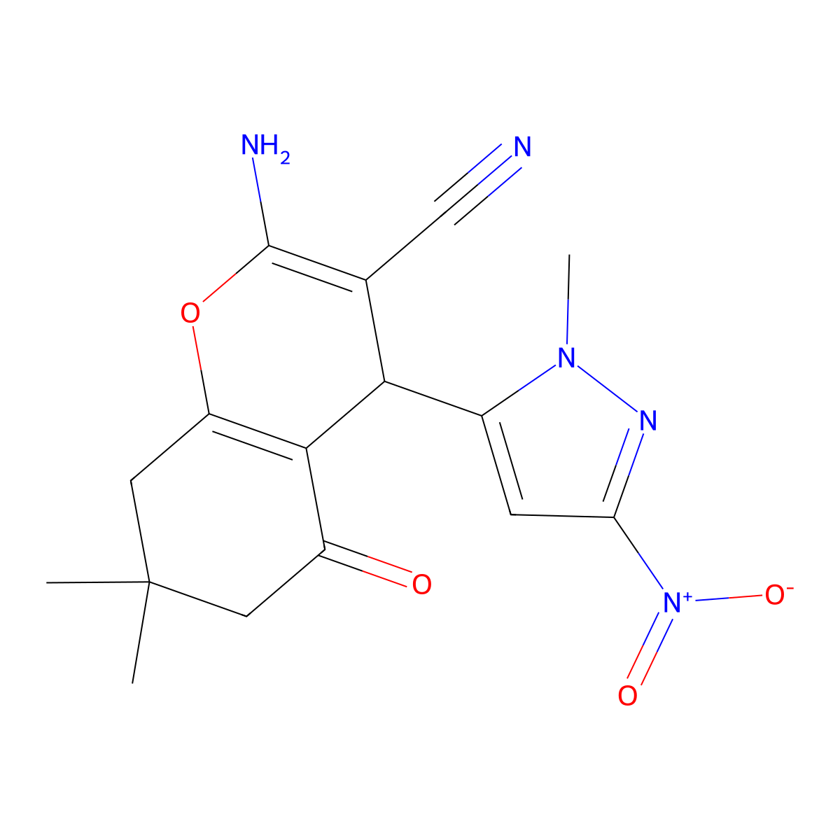 2-Amino-7,7-dimethyl-4-(1-methyl-3-nitro-1H-pyrazol-5-YL)-5-oxo-5,6,7,8-tetrahydro-4H-chromen-3-YL cyanide molecular structure, CAS 1855900-10-5
