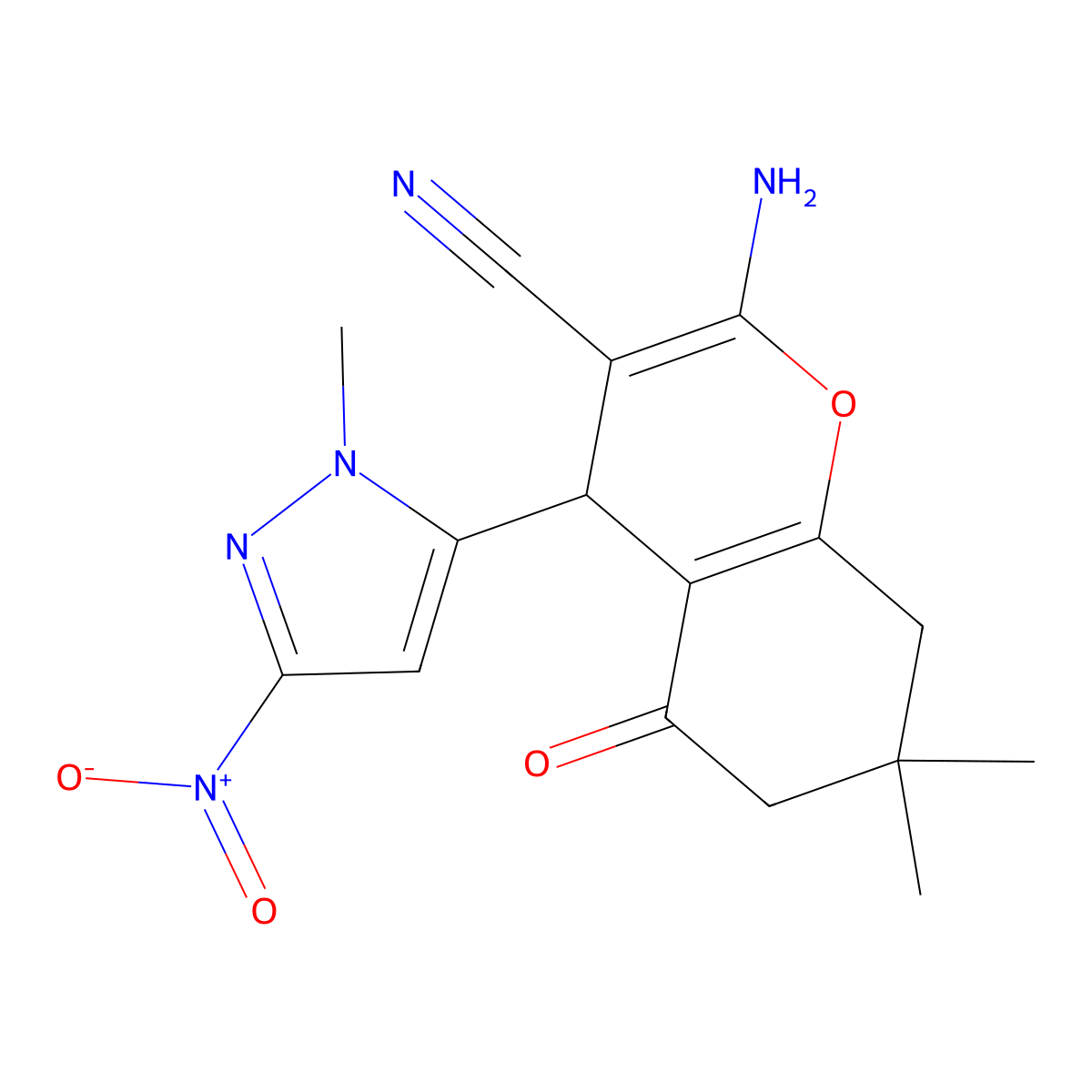 2-Amino-7,7-dimethyl-4-(1-methyl-3-nitro-1H-pyrazol-5-YL)-5-oxo-5,6,7,8-tetrahydro-4H-chromen-3-YL cyanide molecular structure, CAS 1855900-10-5