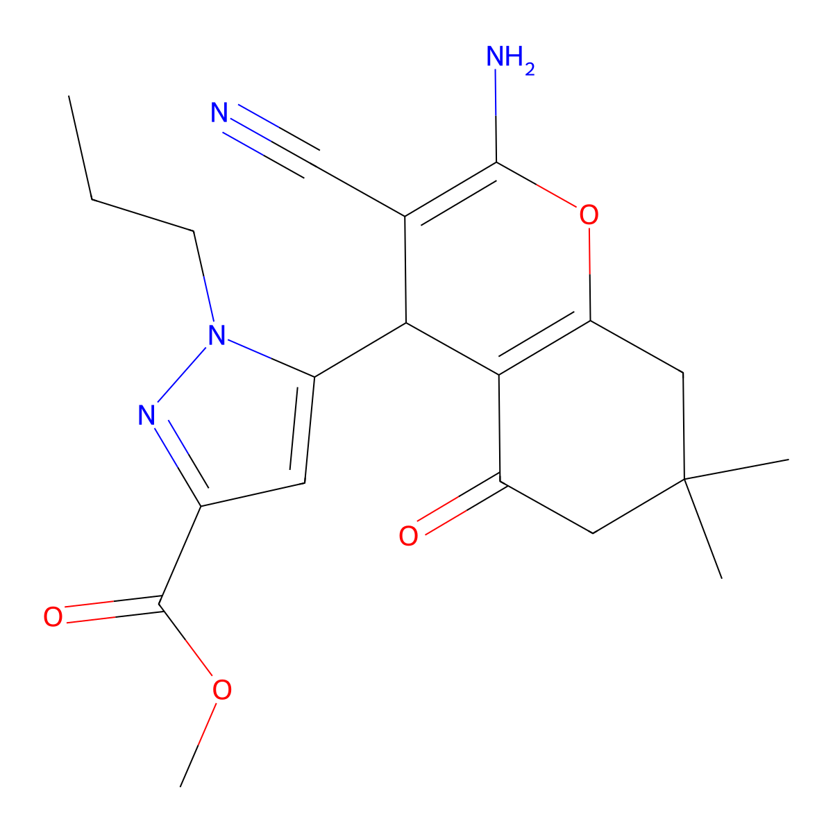 Methyl 5-(2-amino-3-cyano-7,7-dimethyl-5-oxo-5,6,7,8-tetrahydro-4H-chromen-4-YL)-1-propyl-1H-pyrazole-3-carboxylate molecular structure, CAS 1855900-14-9
