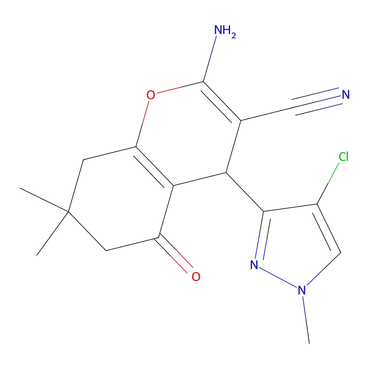 2-Amino-4-(4-chloro-1-methyl-1H-pyrazol-3-YL)-7,7-dimethyl-5-oxo-5,6,7,8-tetrahydro-4H-chromen-3-YL cyanide molecular structure, CAS 1855900-31-0