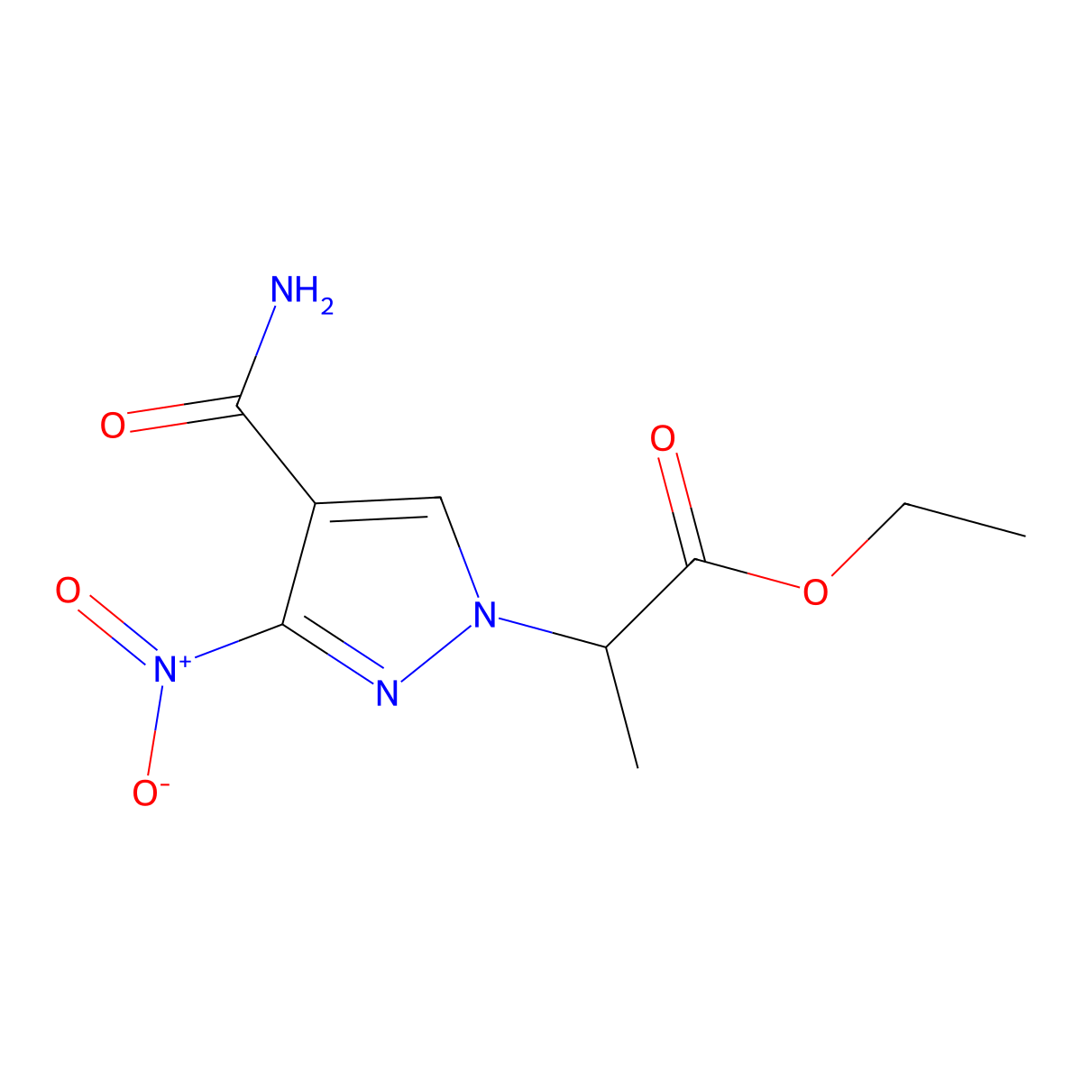 Ethyl 2-(4-carbamoyl-3-nitro-1H-pyrazol-1-yl)propanoate molecular structure, CAS 1855900-40-1