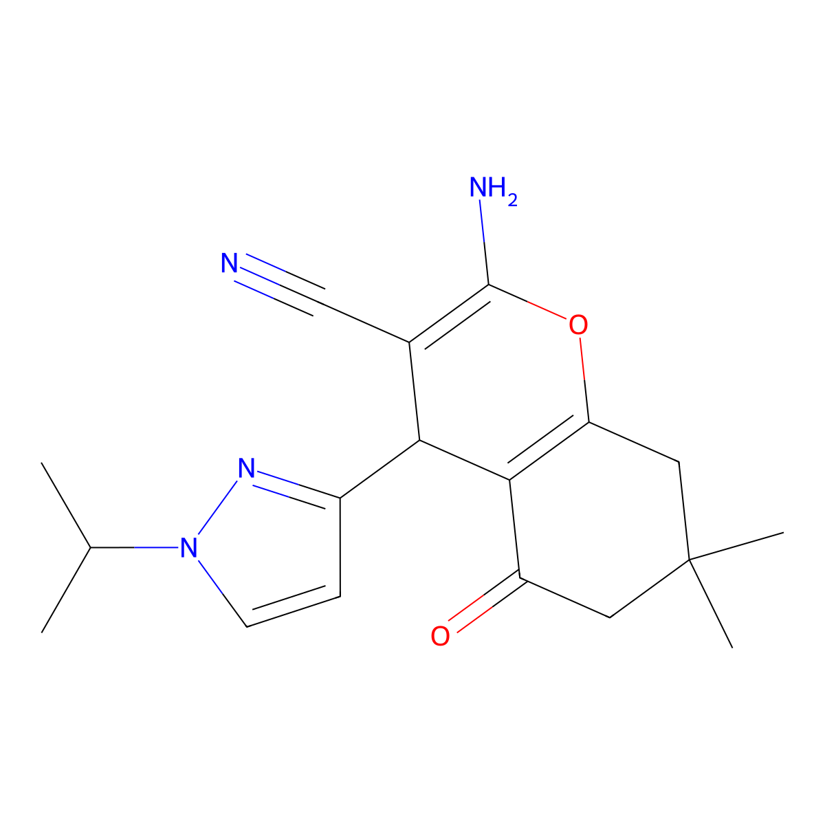 2-Amino-7,7-dimethyl-5-oxo-4-(1-propan-2-ylpyrazol-3-yl)-6,8-dihydro-4H-chromene-3-carbonitrile molecular structure, CAS 1855900-54-7