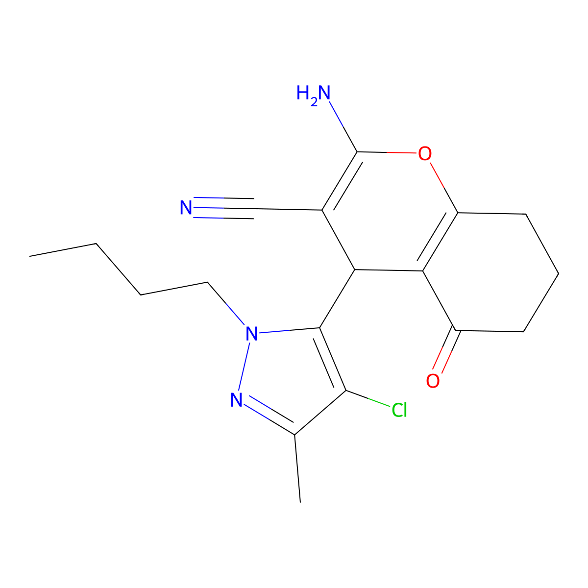 2-Amino-4-(1-butyl-4-chloro-3-methyl-1H-pyrazol-5-YL)-5-oxo-5,6,7,8-tetrahydro-4H-chromen-3-YL cyanide molecular structure, CAS 1855906-62-5