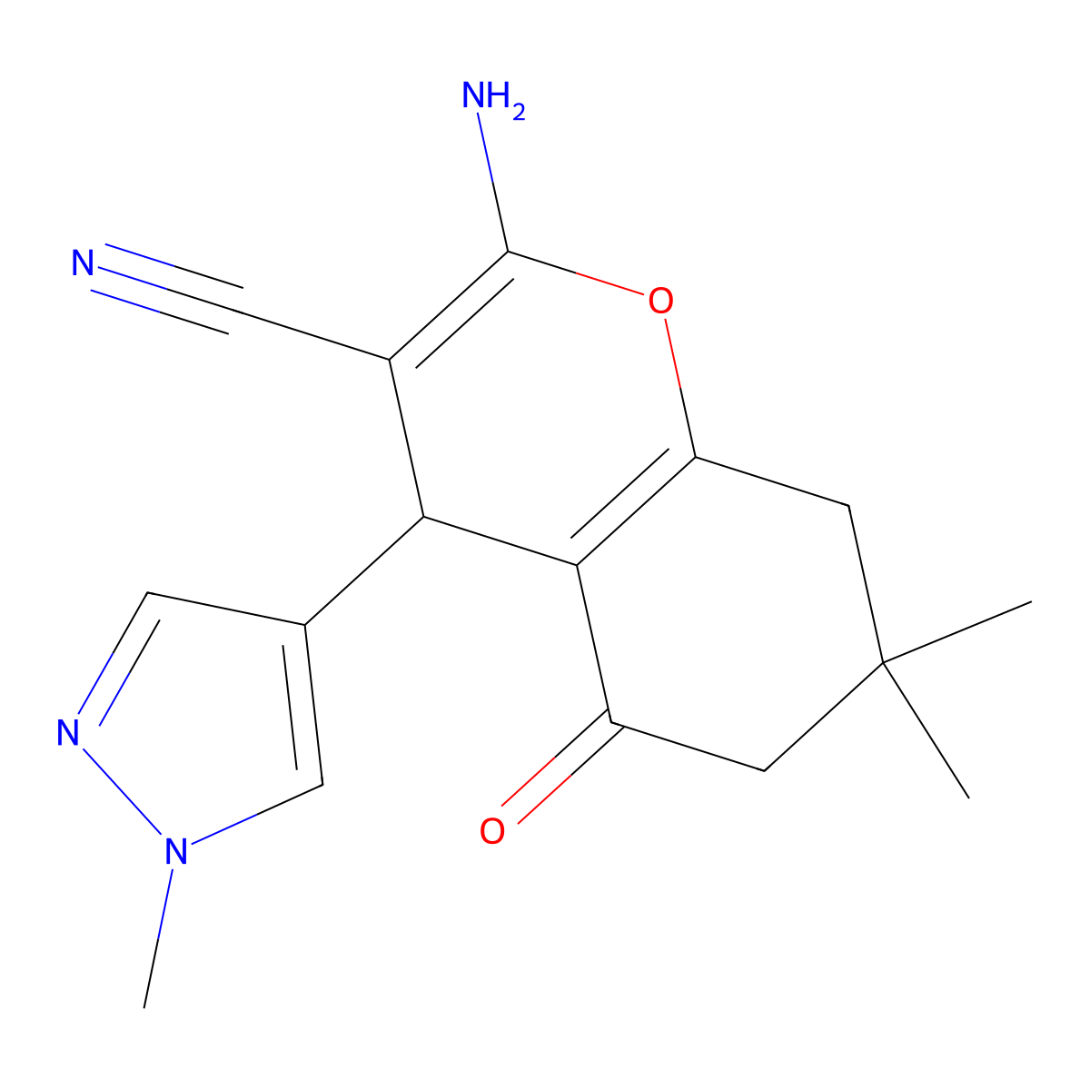 2-amino-7,7-dimethyl-4-(1-methyl-1H-pyrazol-4-yl)-5-oxo-5,6,7,8-tetrahydro-4H-chromene-3-carbonitrile molecular structure, CAS 1855906-86-3