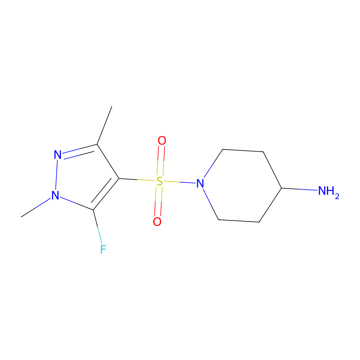 1-[(5-fluoro-1,3-dimethyl-1H-pyrazol-4-yl)sulfonyl]piperidin-4-amine molecular structure, CAS 1855906-87-4