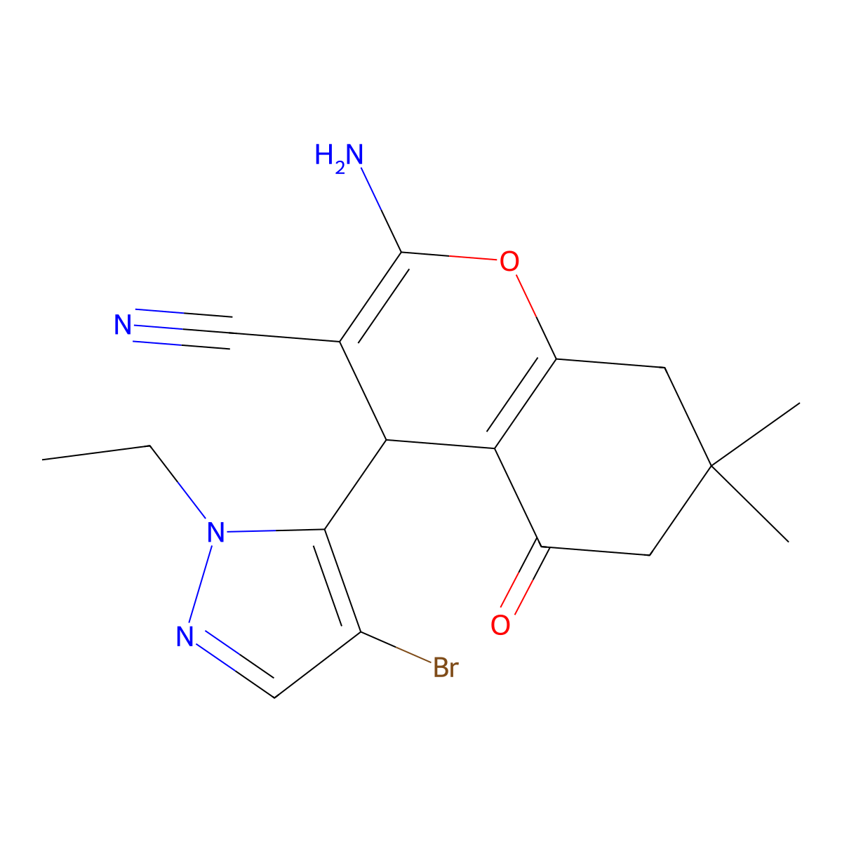 2-Amino-4-(4-bromo-1-ethyl-1H-pyrazol-5-yl)-7,7-dimethyl-5-oxo-5,6,7,8-tetrahydro-4H-chromene-3-carbonitrile molecular structure, CAS 1855906-88-5