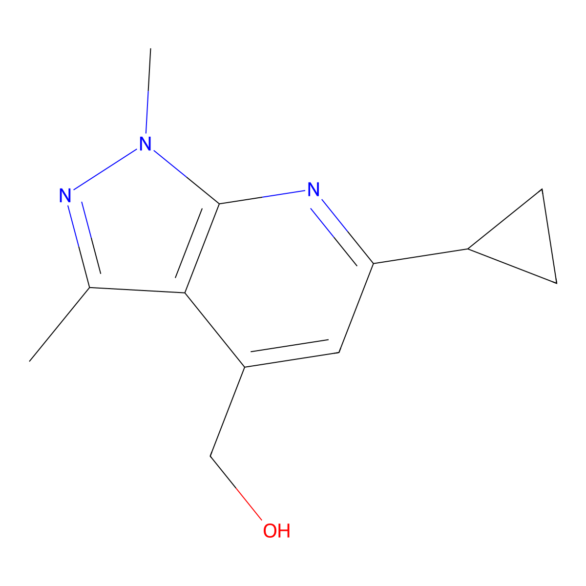 (6-cyclopropyl-1,3-dimethyl-1H-pyrazolo[3,4-b]pyridin-4-yl)methanol molecular structure, CAS 1855906-96-5
