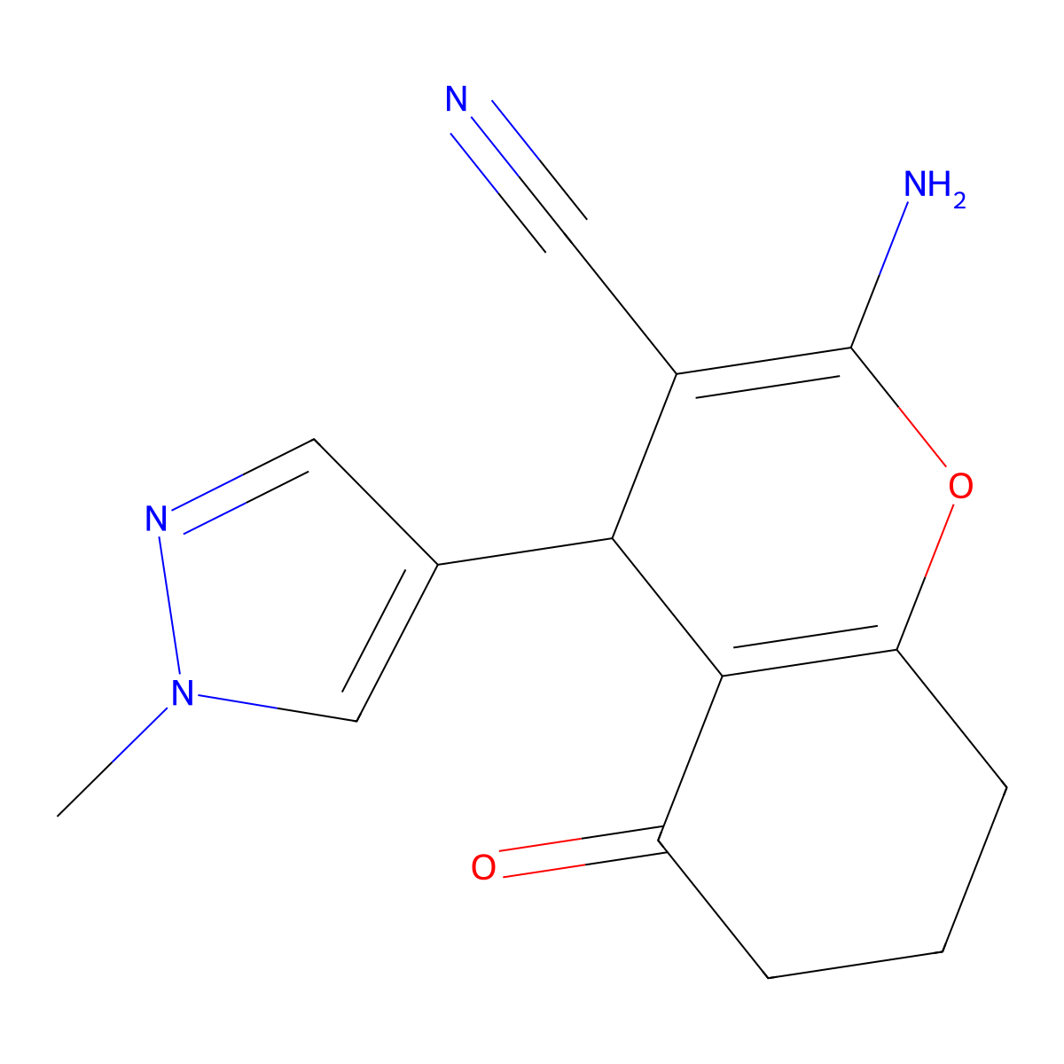 2-amino-4-(1-methyl-1H-pyrazol-4-yl)-5-oxo-5,6,7,8-tetrahydro-4H-chromene-3-carbonitrile molecular structure, CAS 1855906-98-7