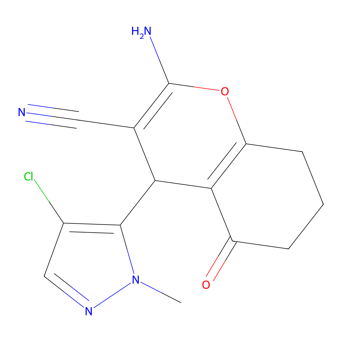 2-Amino-4-(4-chloro-1-methyl-1H-pyrazol-5-YL)-5-oxo-5,6,7,8-tetrahydro-4H-chromen-3-YL cyanide molecular structure, CAS 1855906-99-8