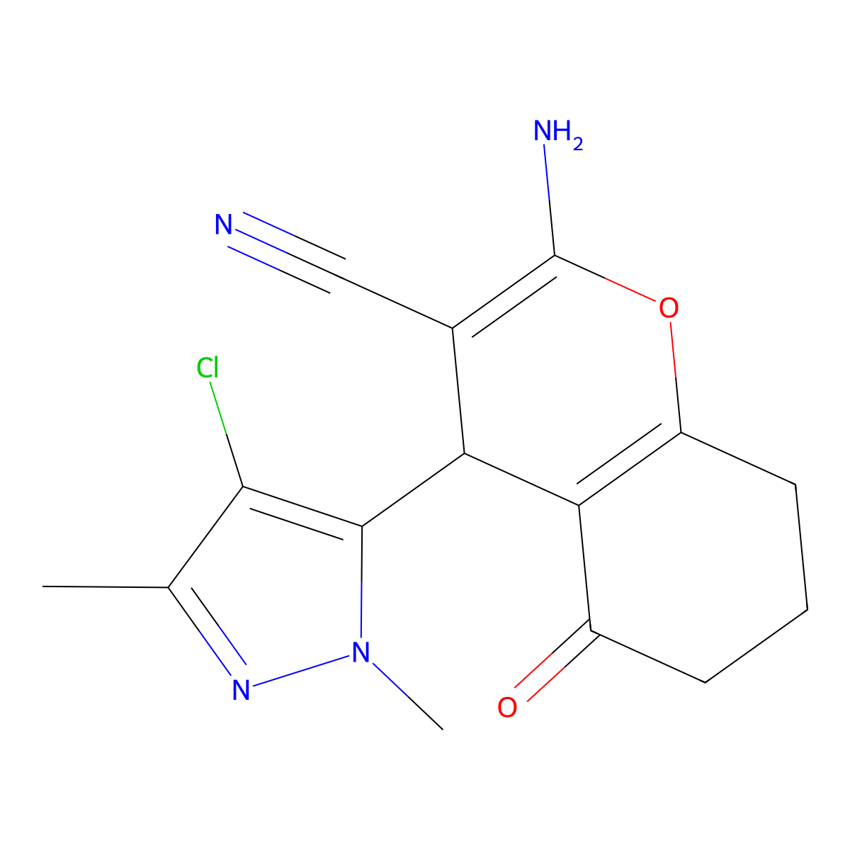 2-Amino-4-(4-chloro-1,3-dimethyl-1H-pyrazol-5-yl)-5-oxo-5,6,7,8-tetrahydro-4H-chromene-3-carbonitrile molecular structure, CAS 1855907-00-4