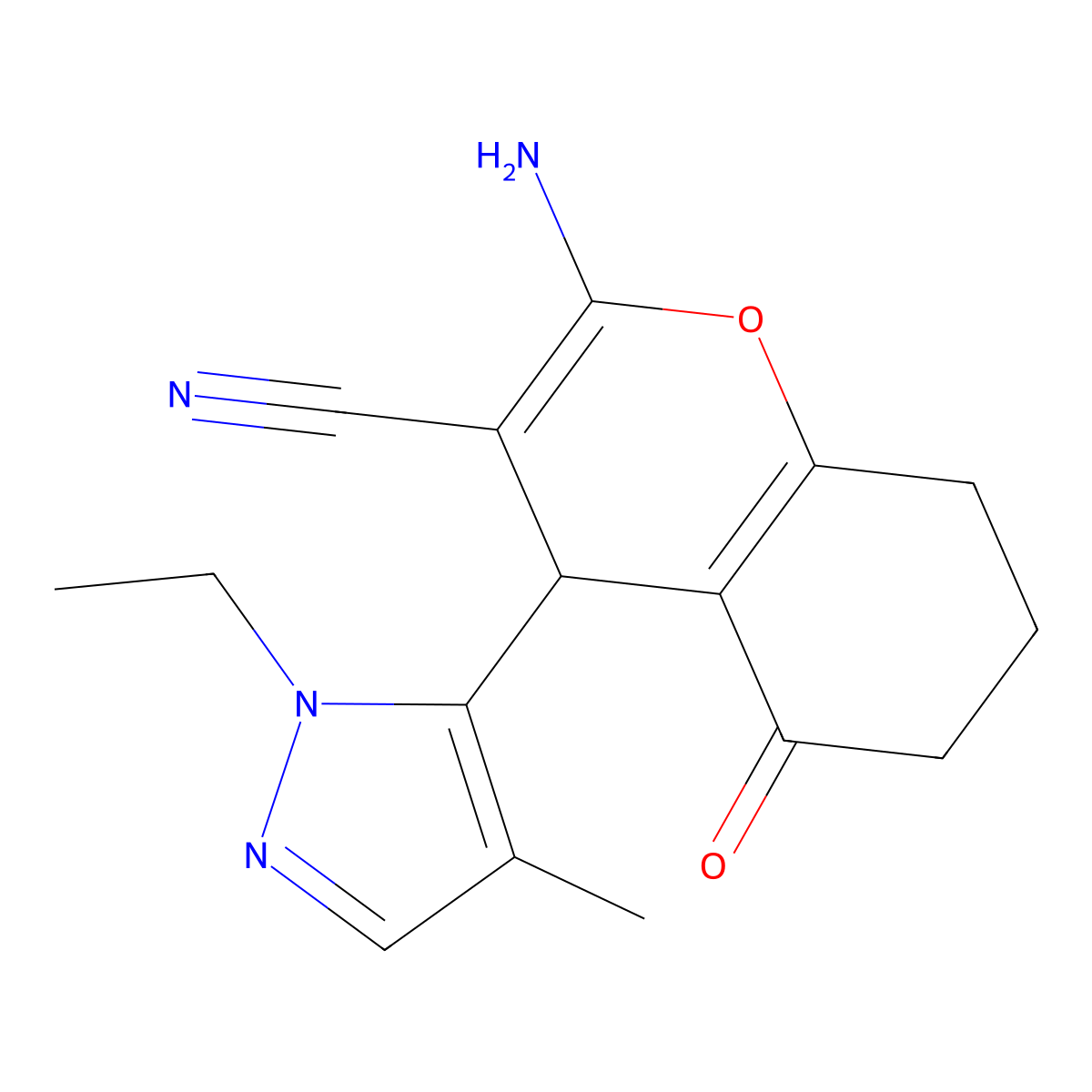2-amino-4-(1-ethyl-4-methyl-1H-pyrazol-5-yl)-5-oxo-5,6,7,8-tetrahydro-4H-chromene-3-carbonitrile molecular structure, CAS 1855907-01-5