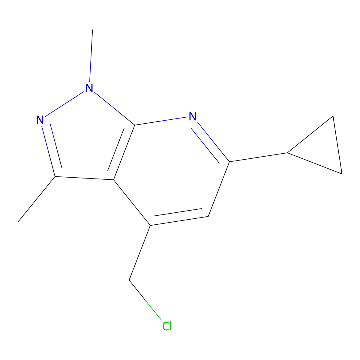 4-(chloromethyl)-6-cyclopropyl-1,3-dimethyl-1H-pyrazolo[3,4-b]pyridine molecular structure, CAS 1855907-28-6