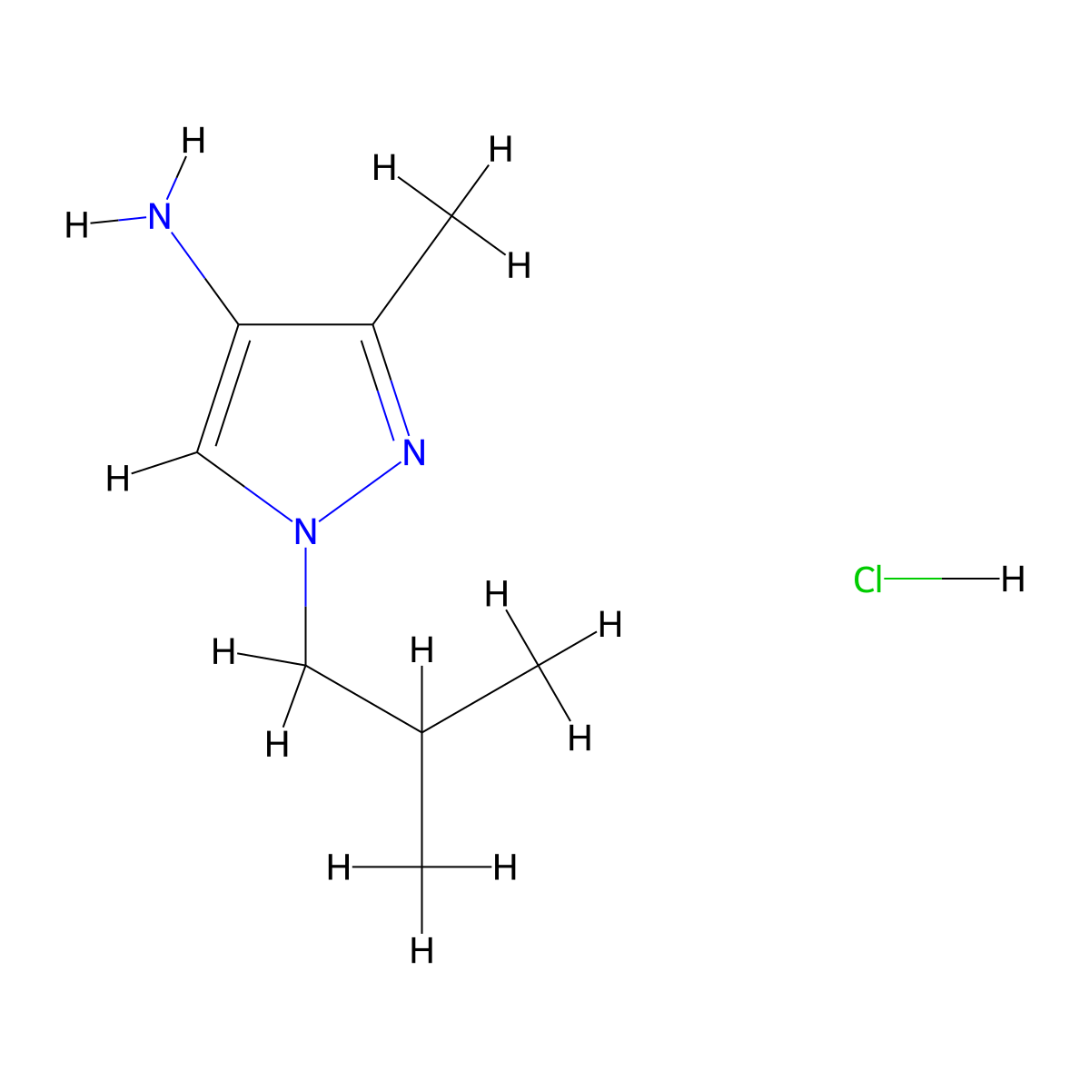 3-methyl-1-(2-methylpropyl)-1H-pyrazol-4-amine hydrochloride molecular structure, CAS 1855907-30-0