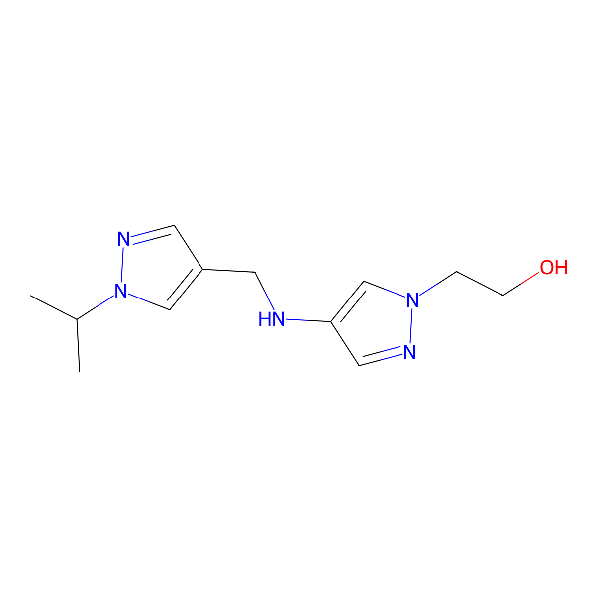 2-[4-({[1-(propan-2-yl)-1H-pyrazol-4-yl]methyl}amino)-1H-pyrazol-1-yl]ethan-1-ol molecular structure, CAS 1855937-05-1