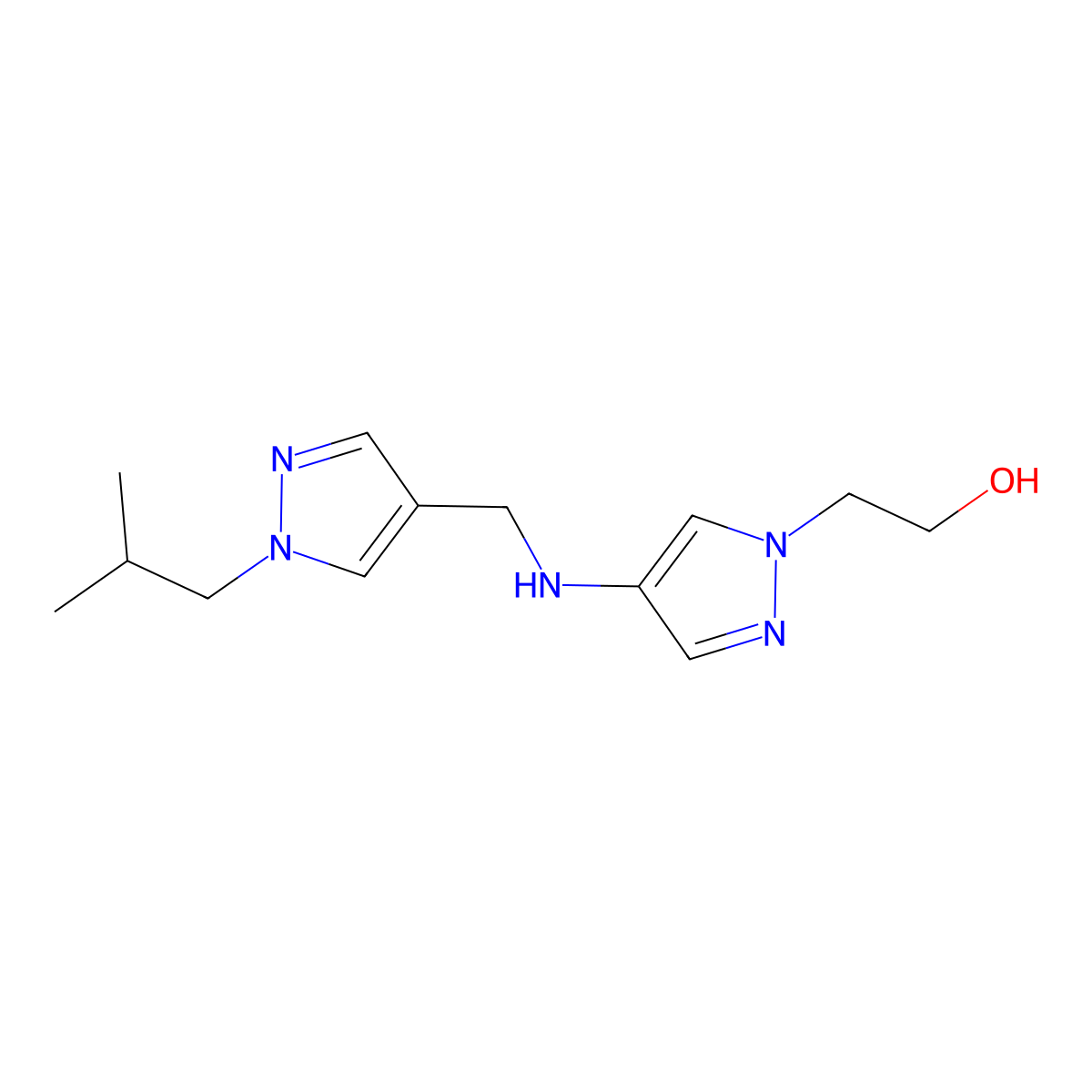 2-[4-({[1-(2-methylpropyl)-1H-pyrazol-4-yl]methyl}amino)-1H-pyrazol-1-yl]ethan-1-ol molecular structure, CAS 1855943-57-5