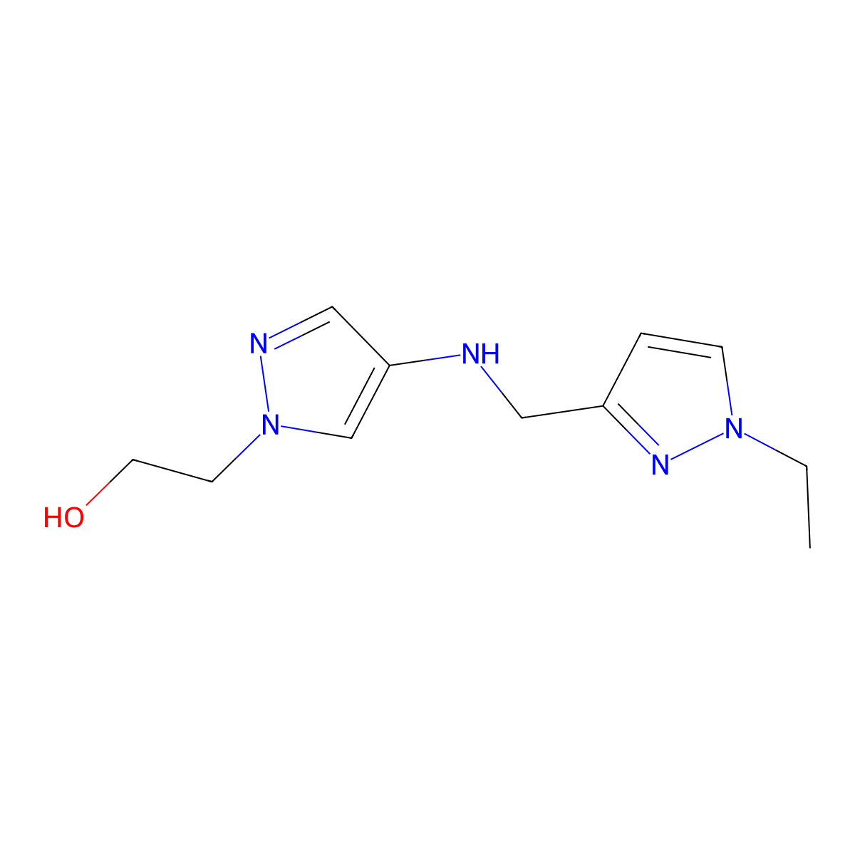 2-(4-{[(1-ethyl-1H-pyrazol-3-yl)methyl]amino}-1H-pyrazol-1-yl)ethan-1-ol molecular structure, CAS 1855944-38-5